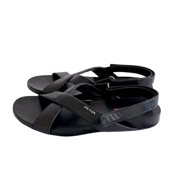 100% Authentic Prada Genuine Leather Slingback Sandals Black Adjustable 37 7 - Picture 1 of 7